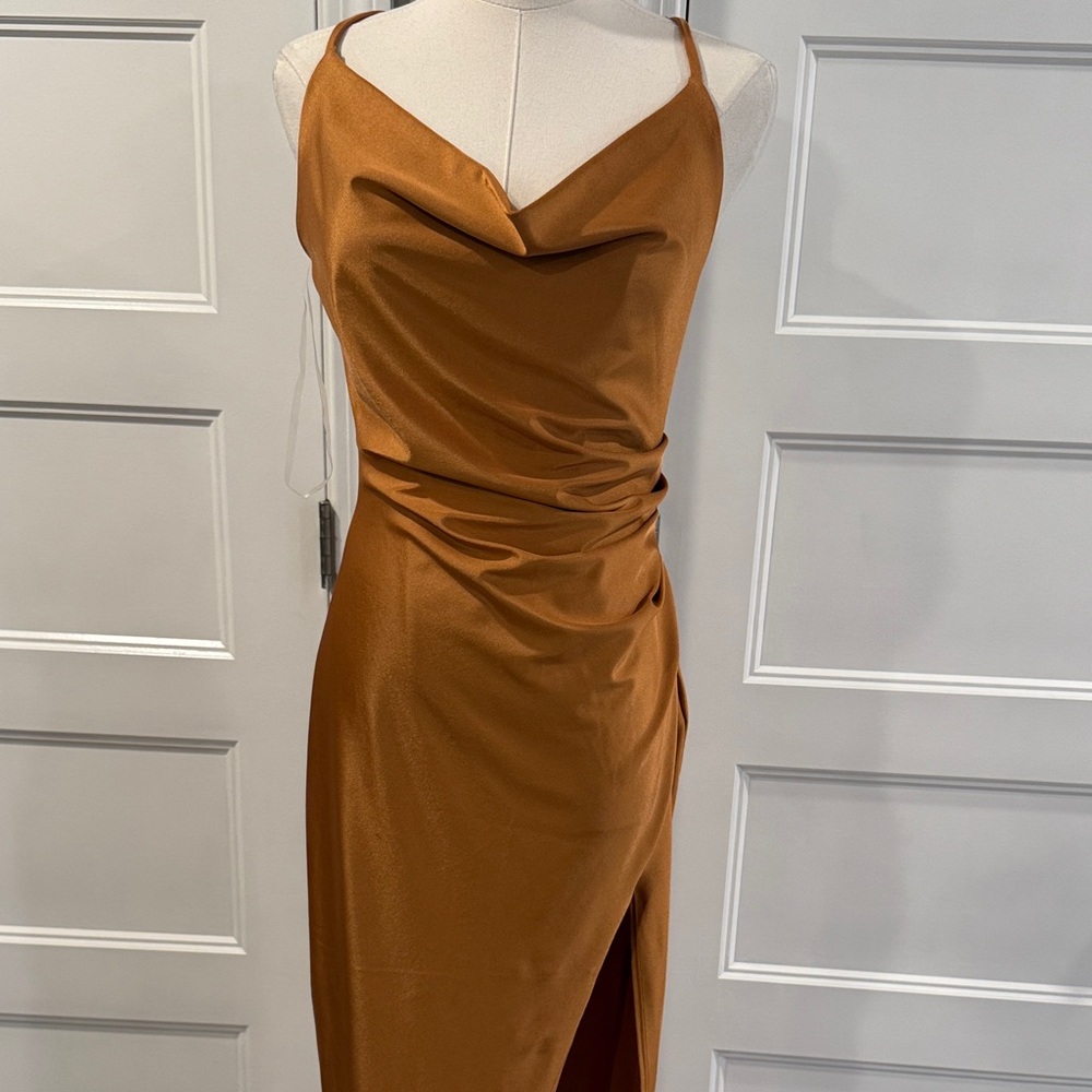 Fashion Nova Copper Satin Midi Dress